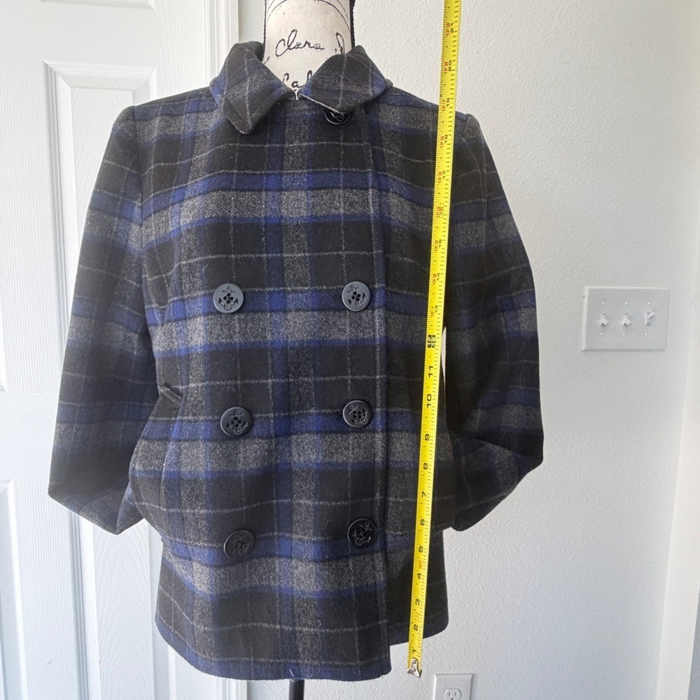 J.Crew Blue Grey Plaid‎ Wool Blend Pea Coat Jacket E2645 Size 8 Dark Academia - Picture 3 of 16